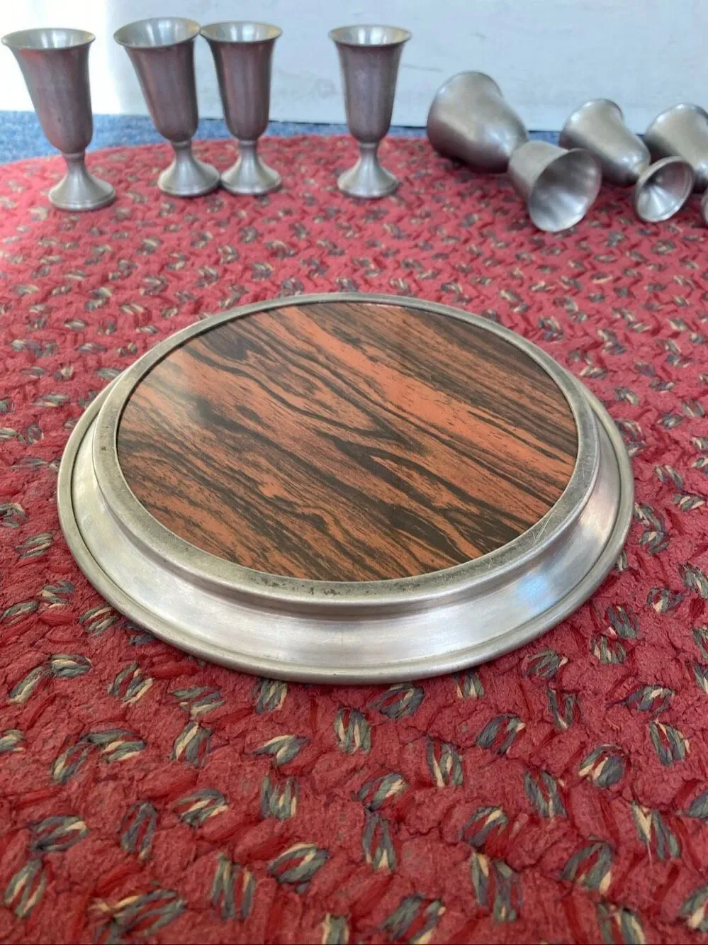 Vintage Pewter shot glass set with round tray